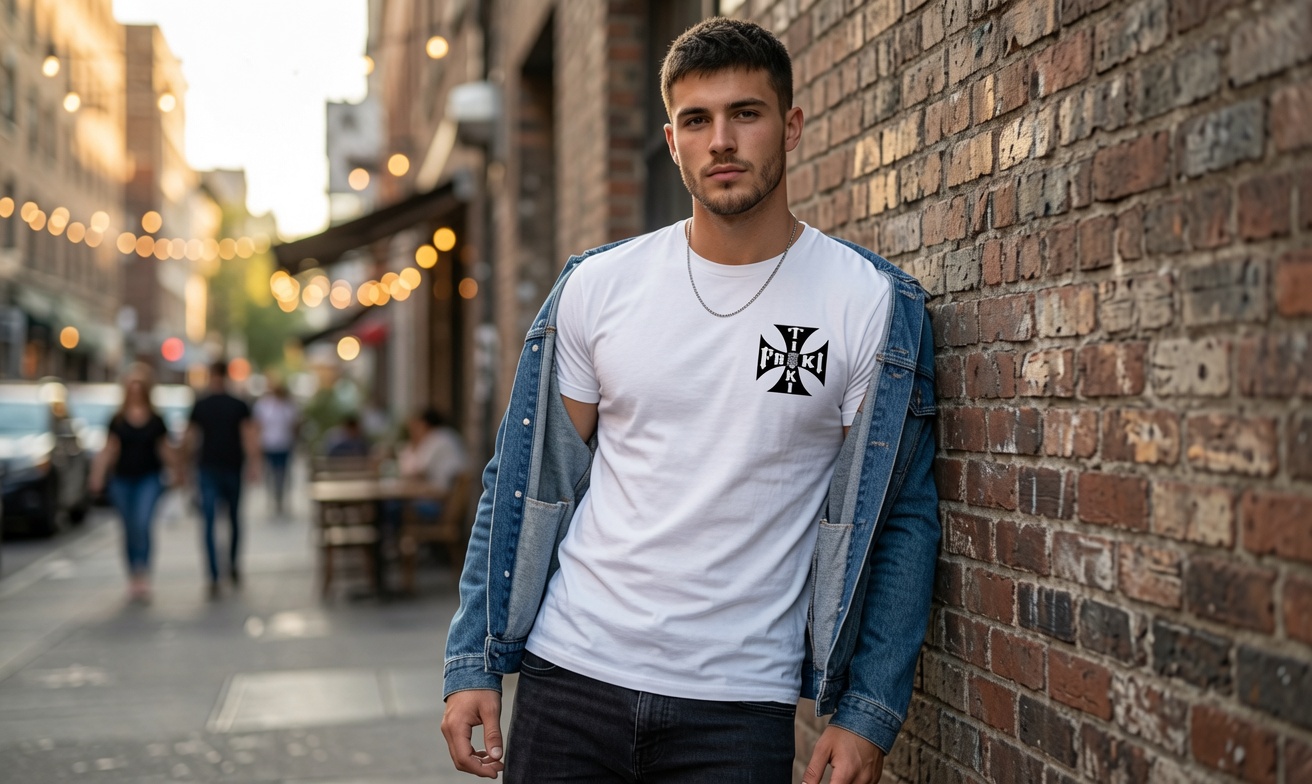 Choppers cross mark on white tee in an urban night scene