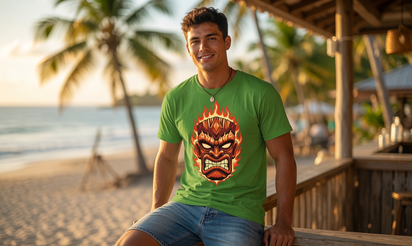 Blazing Tiki green tee on a beach-rail golden hour sit