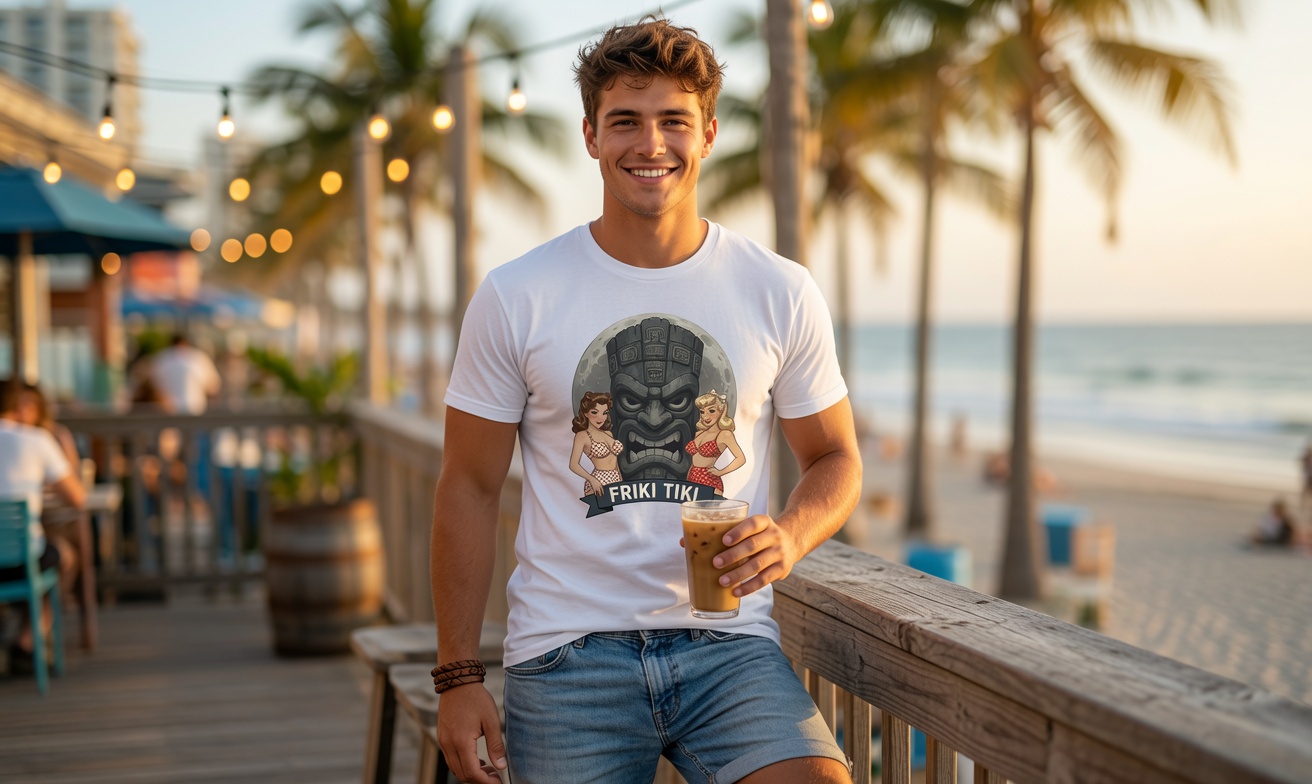 Moon Tiki white tee on a golden-hour boardwalk