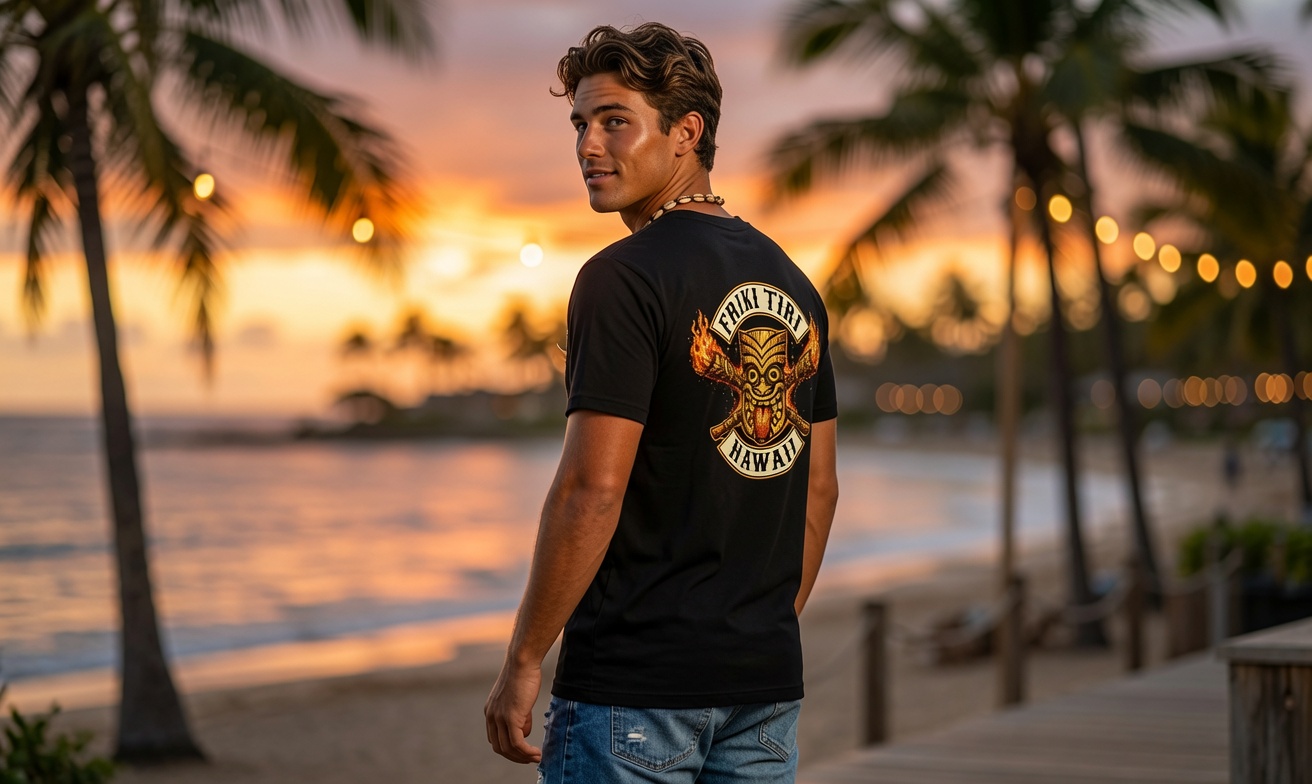 Friki Tiki Hawaii back print on black tee at sunset beach